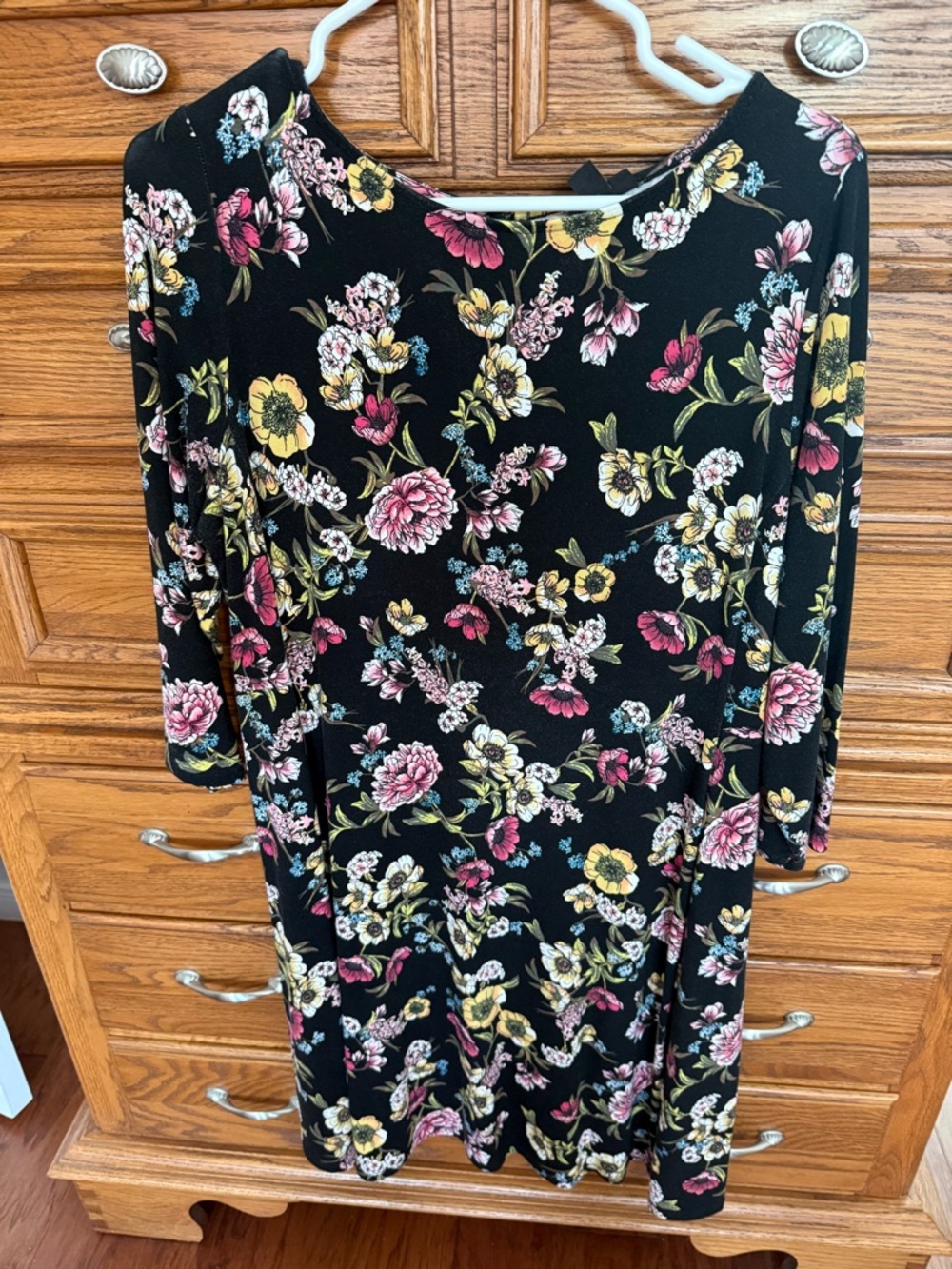 J. Jill Black Floral 3/4 Sleeve Midi Dress with Pink and Yellow Blooms